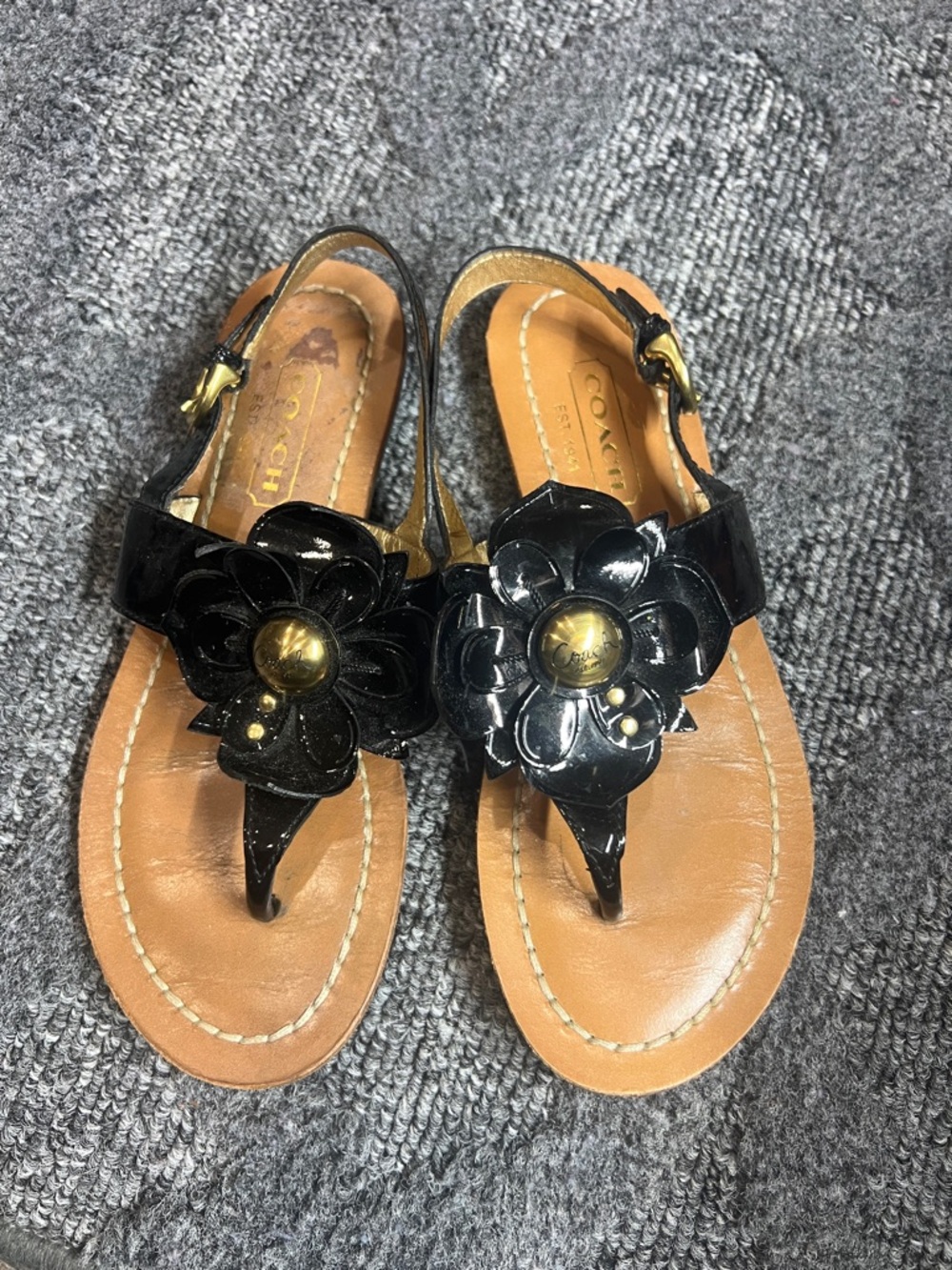 Coach Black Patent Leather Floral Thong Sandals with Tan Footbed